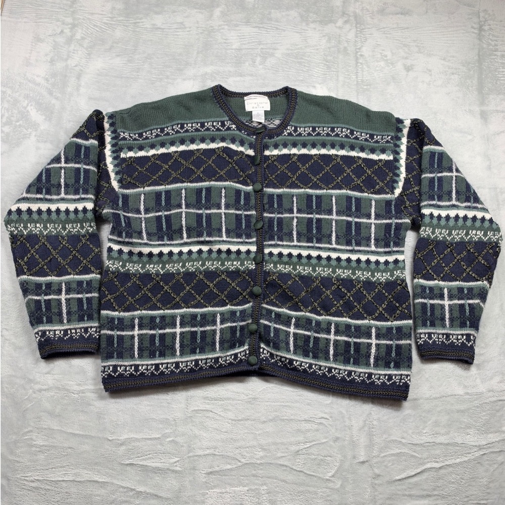 Vintage Christopher & Banks Cardigan XL Hand Embroidered Fair Isle Metallic Knit